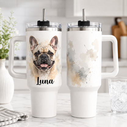 Custom Dog Portrait Travel Mug 40oz – Personalized Pet Picture Tumbler for Dog Lovers THUC99