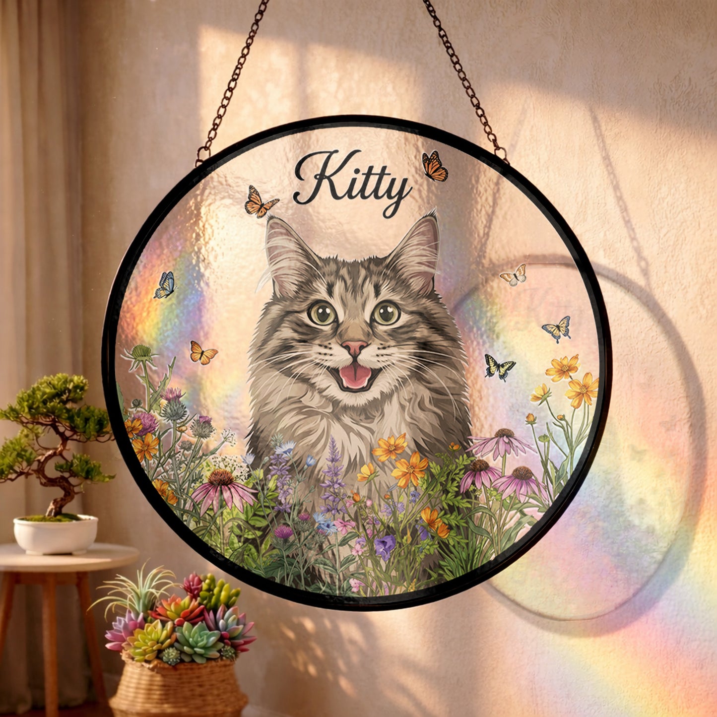 Personalized Dog And Cat Name Suncatcher – Custom Pet Portrait Glass Window Hanging (THUC99)