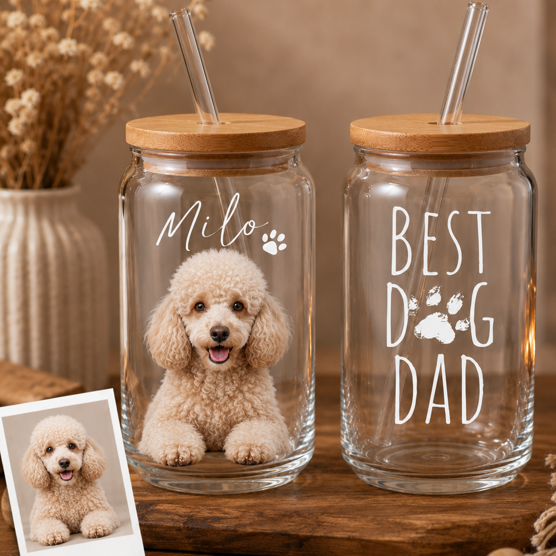 Personalized Dog Portrait Glass Cup 16oz – Custom Sipper with Bamboo Lid & Straw THUC99