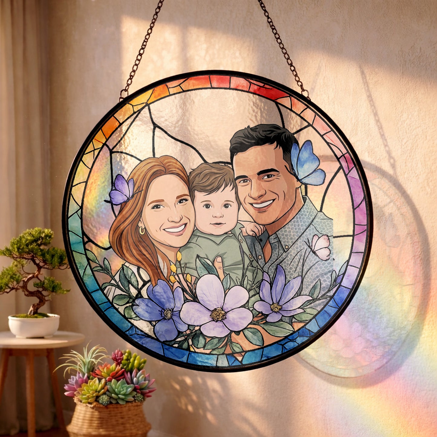 Personalized Family Portrait Stained Glass Suncatcher – Custom Photo Window Hanging, Floral Keepsake Gift THUC99