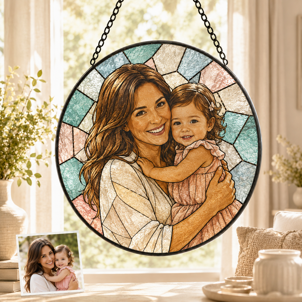 Personalized Mom & Grandma Portrait Glass Suncatcher, Custom Family Photo Window Hanging Decor THUC99