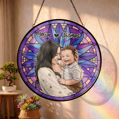 Custom Mom & Baby Photo Suncatcher – Personalized Stained Glass Window Hanging (THUC99)