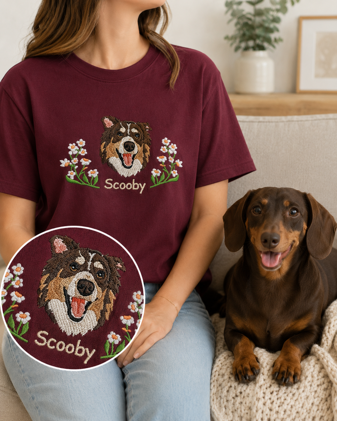 Custom Dog Embroidered Unisex Shirt, Personalized Pet Photo Tee, Dog Mom Dad Gift THUC99