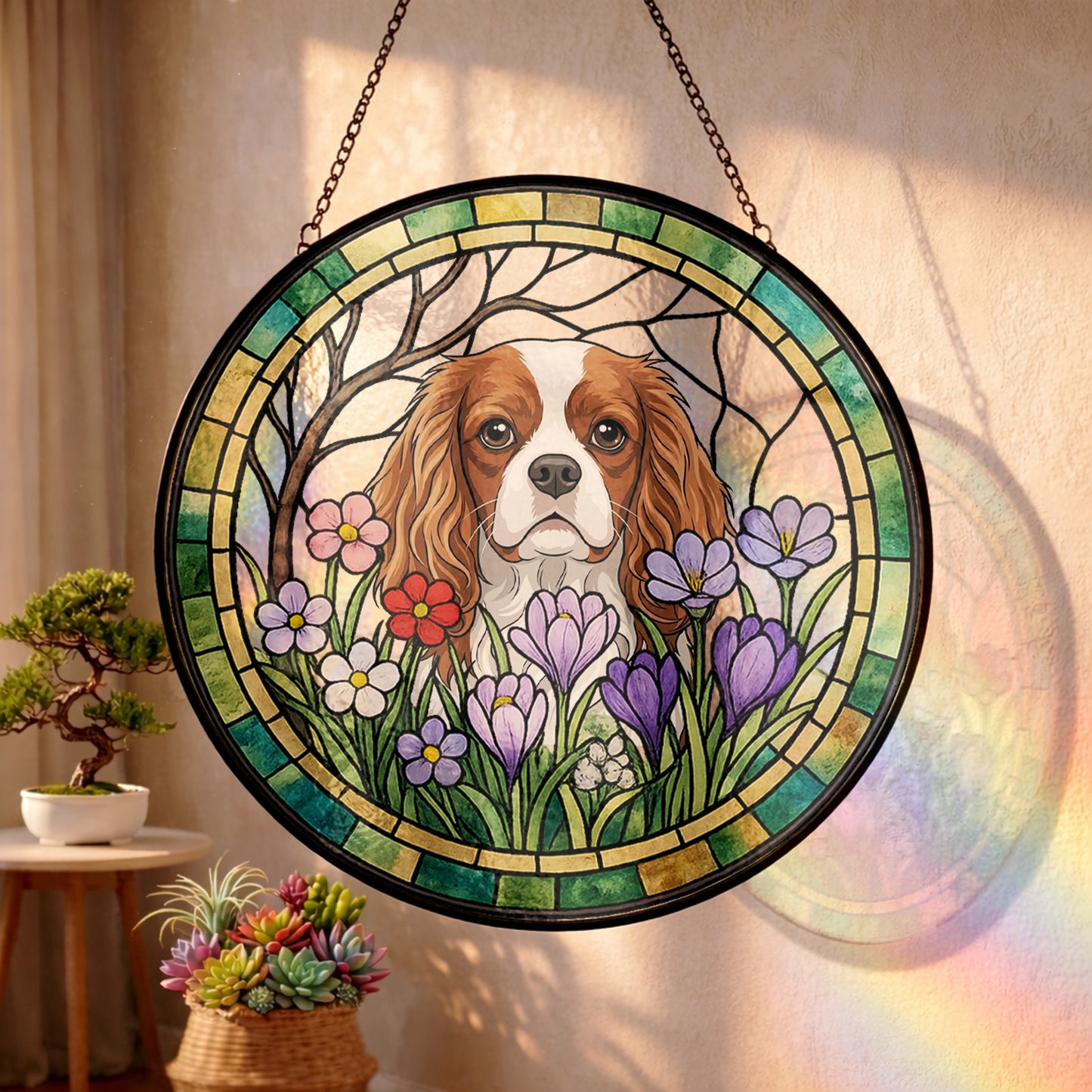 Custom Photo Dog Window Hanging – Personalized Pet Stained Glass Suncatcher Decor (THUC99)