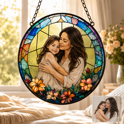 Custom Photo Mom & Grandma Stained Glass Suncatcher, Personalized Family Portrait Window Hanging Gift THUC99