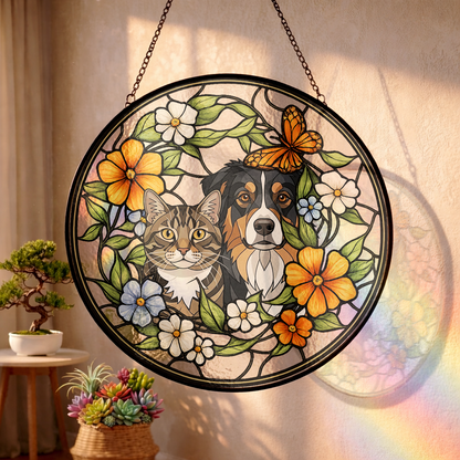 Custom Dog & Cat Stained Glass Suncatcher – Personalized Pet Portrait Window Hanging THUC99