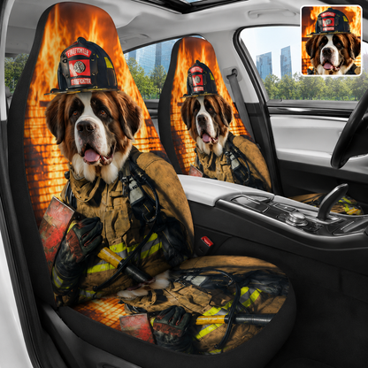 Custom Photo Dog Car Firefighter Seat Cover, Fireman Car Interior Gift For Dog Lovers THUC99