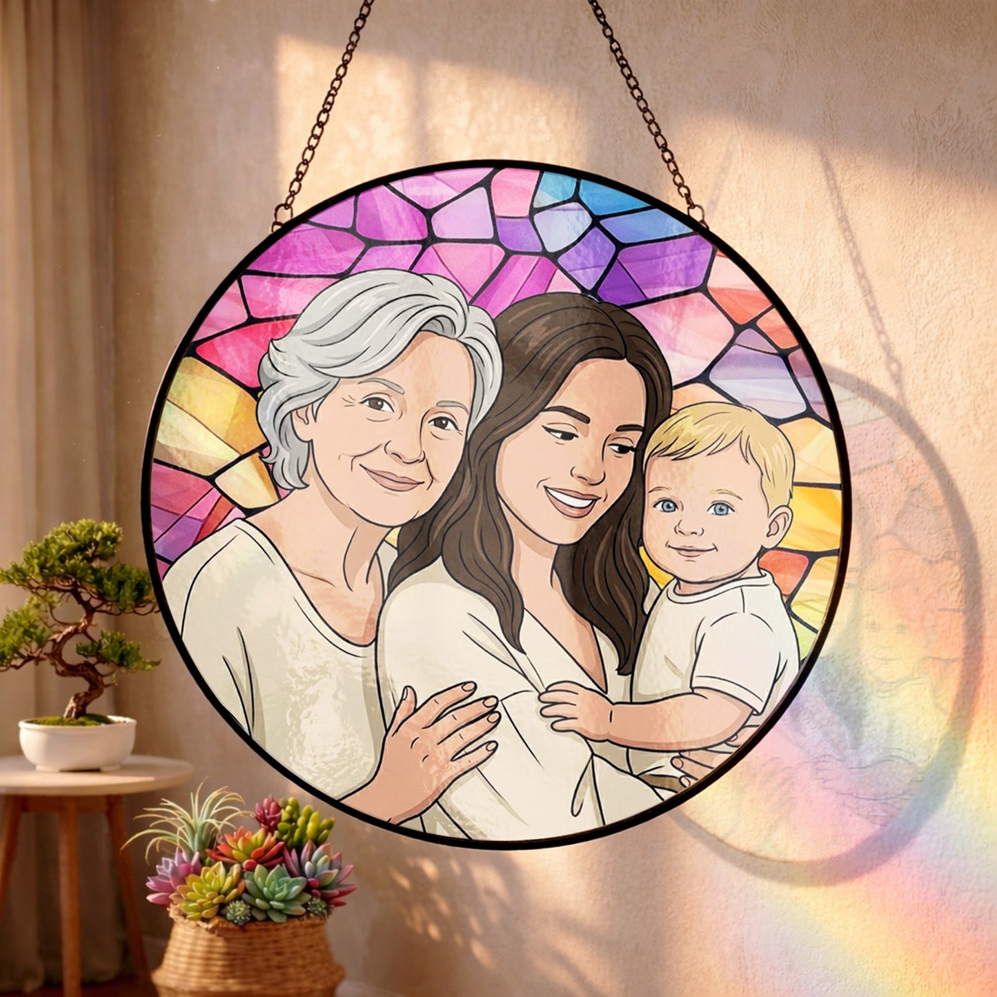 Custom Family Photo Glass Suncatcher – Grandma Gift, Mother's Day Decor THUC99