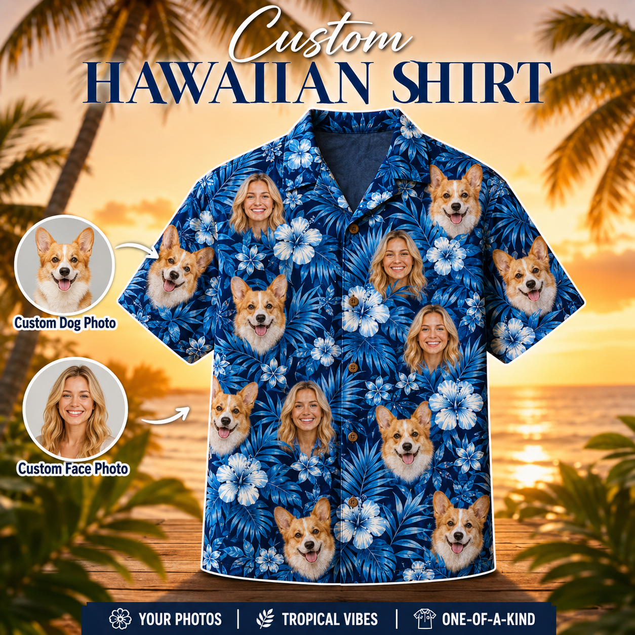 Custom Dog Face Hawaiian Shirt, Personalized Aloha Vacation Shirt, Gift For Dog Lovers THUC99