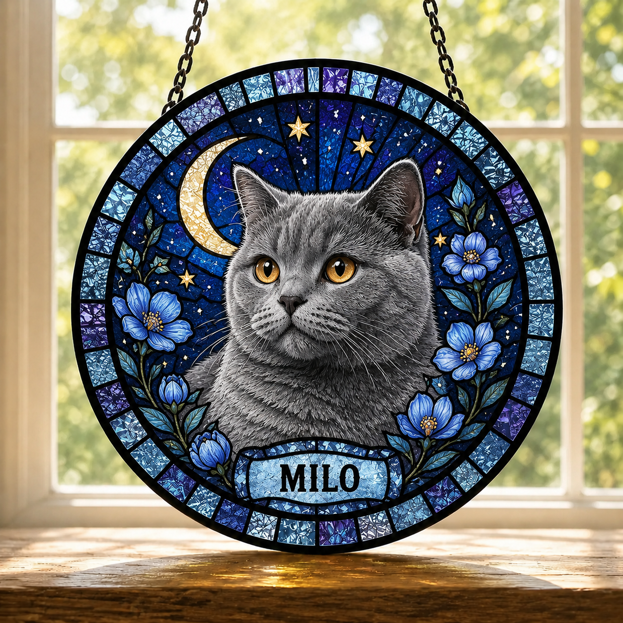 Custom Photo Pet Cat Glass Suncatcher – Personalized Cat Lover Gift | Memorial Window Hanging THUC99