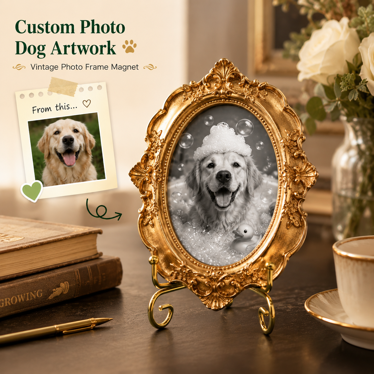 Custom Dog Artwork Magnet, Vintage Gold Photo Frame Magnet, Personalized Pet Keepsake THUC99