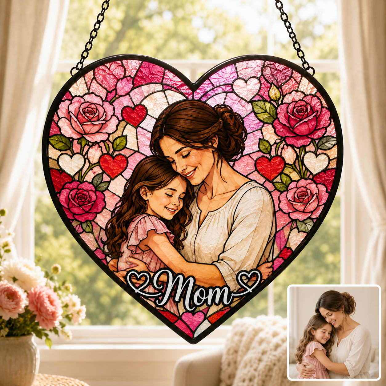 Custom Mom and Daughter Photo Glass Suncatcher, Personalized Family Portrait Window Decor Gift THUC99