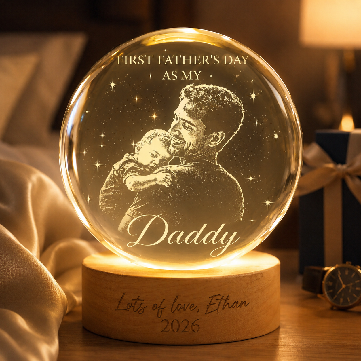Custom Dad Photo Crystal Ball Light, Personalized First Father's Night Light Gift For Dad THUC99