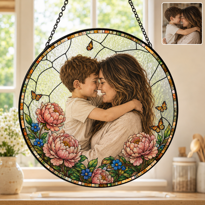 Custom Mom and Grandma Photo Glass Suncatcher, Personalized Family Portrait Window Hanging Gift THUC99
