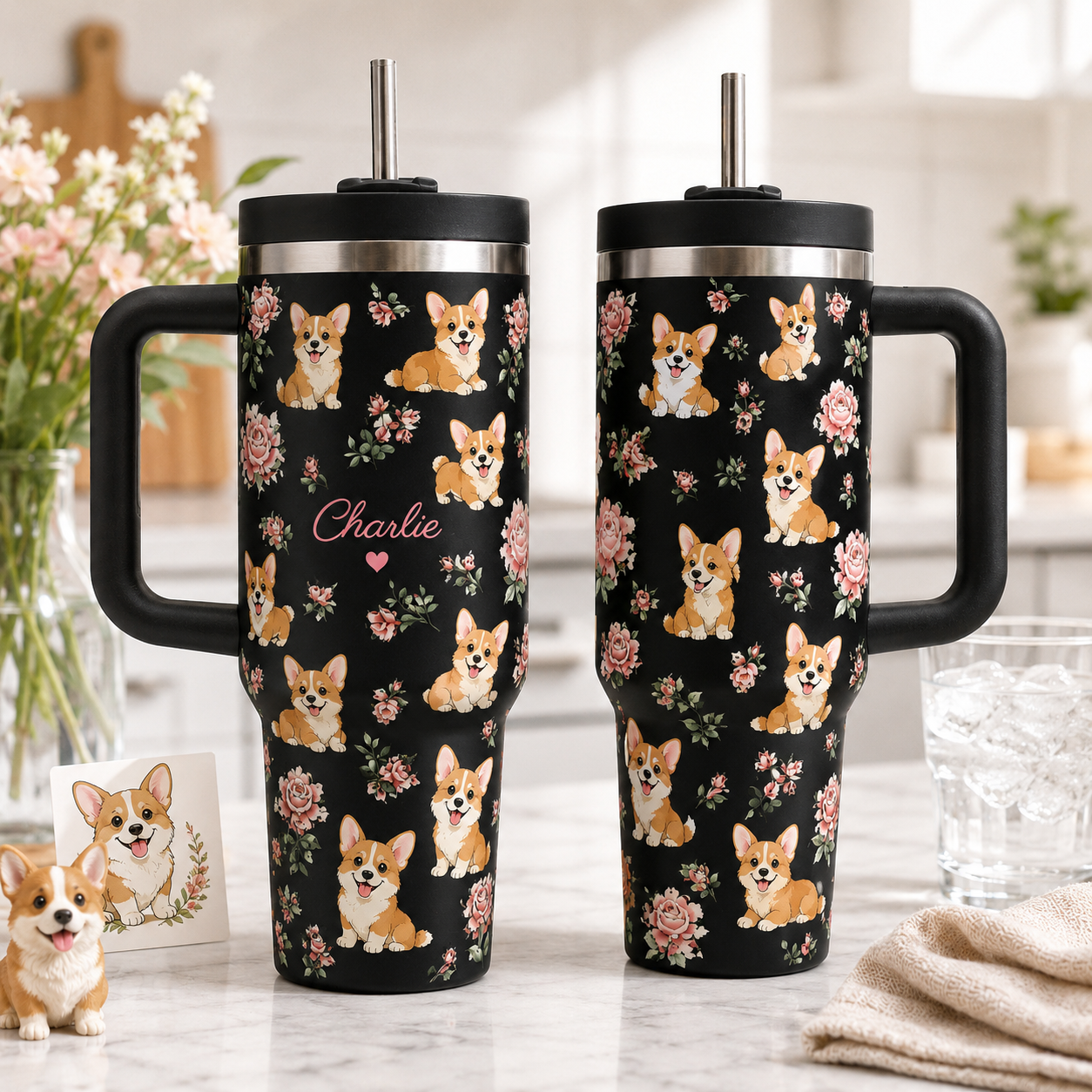 Personalized Pet Portrait 40oz Tumbler – Custom Dog Photo Travel Mug with Handle and Lid THUC99