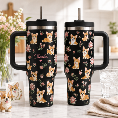 Personalized Pet Portrait 40oz Tumbler – Custom Dog Photo Travel Mug with Handle and Lid THUC99