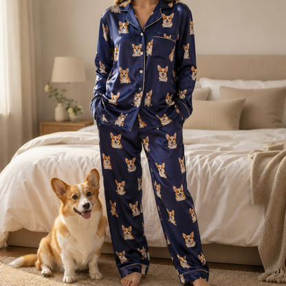 Custom Pet Portrait Satin Pajamas Set Personalized Dog Face Sleepwear Gift THUC99