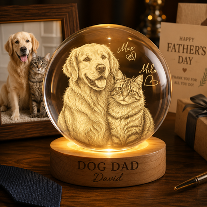 Custom Photo Dog Dad Night Light, Personalized Cat Dad Crystal Ball Lamp For Pet Dad THUC99