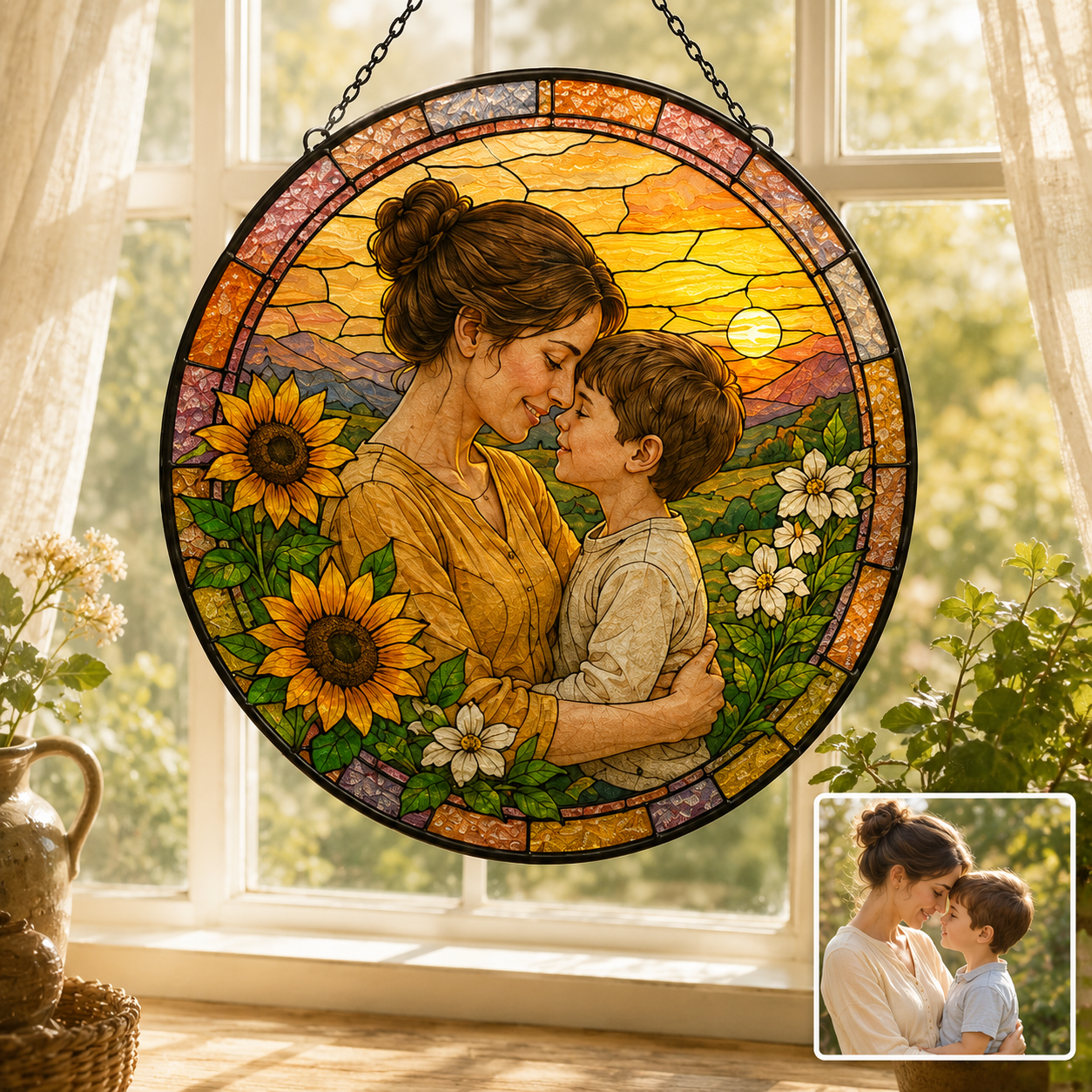 Custom Photo Grandma Stained Glass Suncatcher, Personalized Grandmother Gift Window Hanging THUC99
