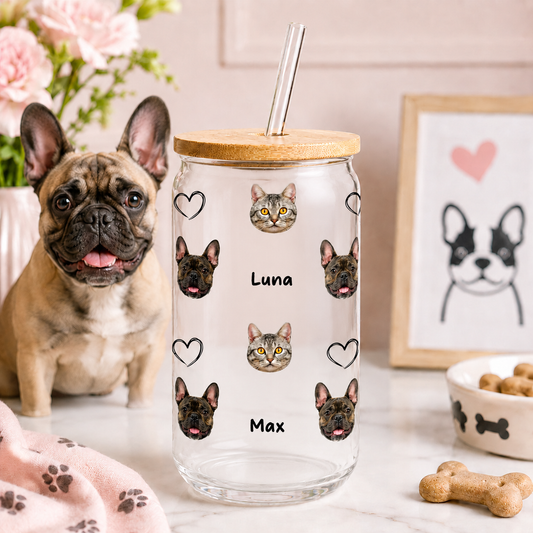 Custom Photo Dog Sipper Glass 16oz – Personalized Glass Cup with Bamboo Lid & Straw Gift For Dog Lover THUC99