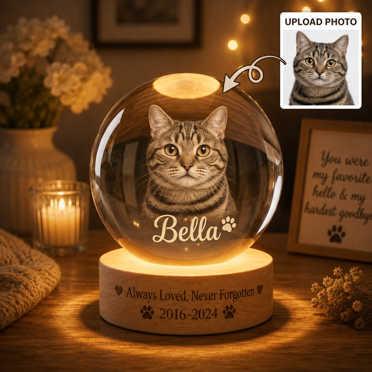Custom Dog Night Light Crystal Ball, Personalized Pet Photo Lamp, Memorial Dog Gift THUC99