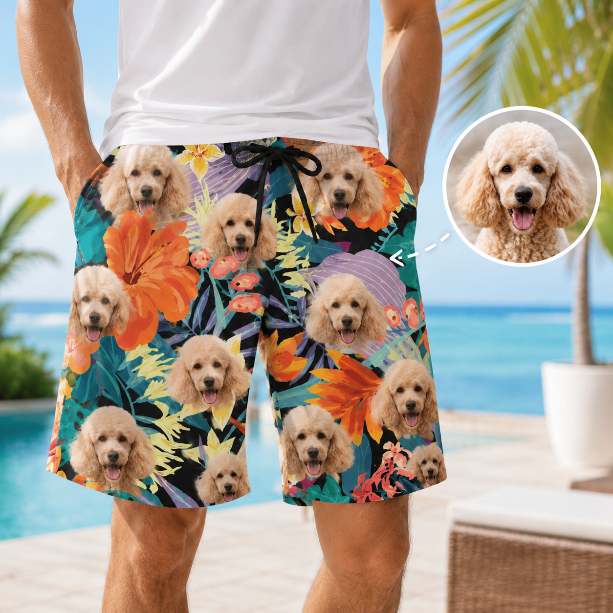 Custom Dog Photo Swim Trunks Personalized Pet Face Beach Shorts for Men THUC99