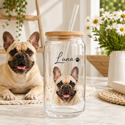 Custom Dog Photo Iced Coffee Glass – 16oz Personalized Cup with Bamboo Lid THUC99