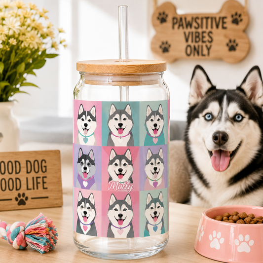 Custom Dog Photo Sipper Glass 16oz – Personalized Glass Tumbler with Bamboo Lid & Straw THUC99