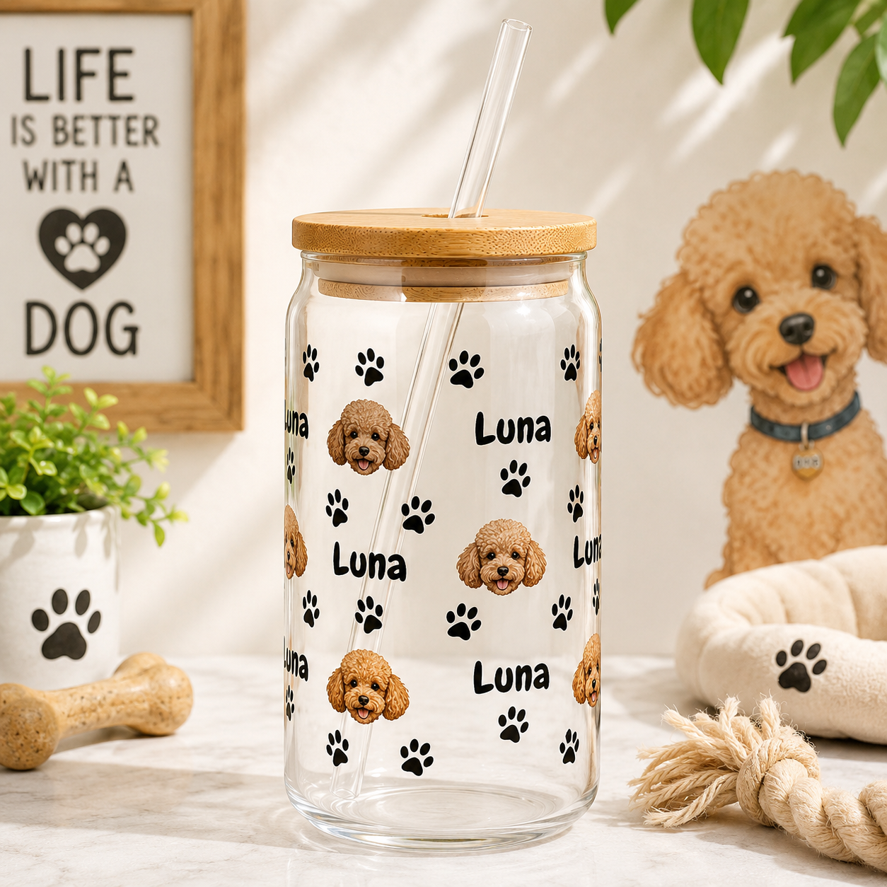 Personalized Dog Face Glass Tumbler 16oz – Custom Pet Cup with Bamboo Lid & Straw THUC99 (Copy)