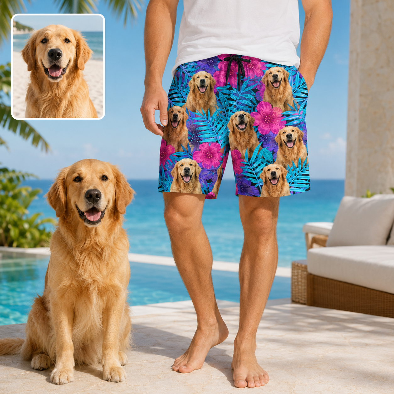 Personalized Custom Dog Picture Beach Shorts Summer Swim Trunks for Men THUC99
