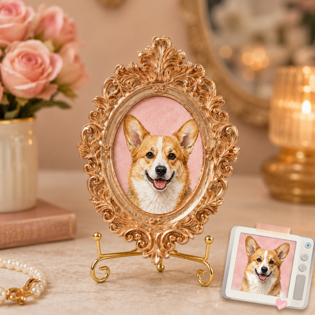 Personalized Dog Photo Magnet, Custom Pet Portrait Vintage Gold Frame Fridge Magnet THUC99