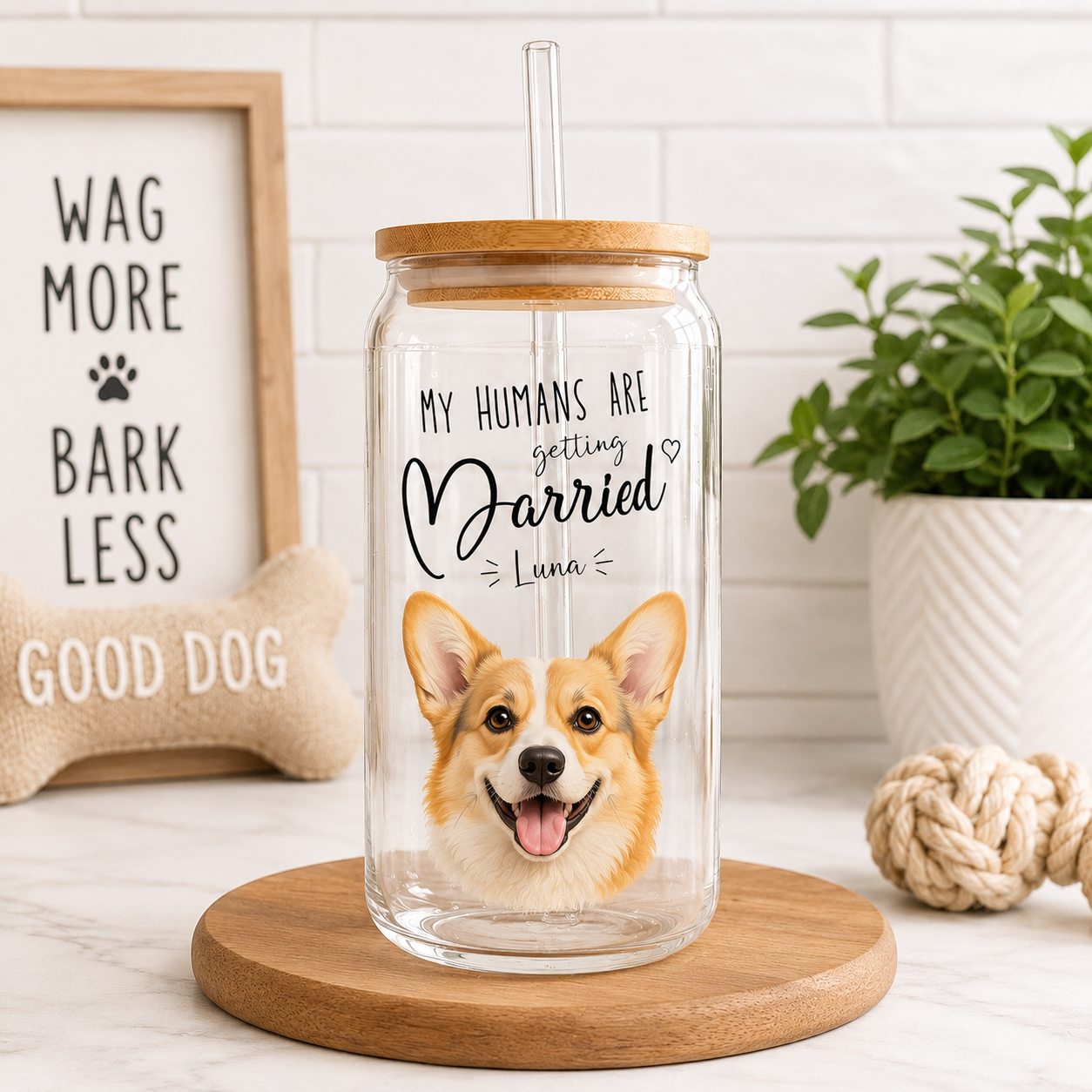 Personalized Dog Face Glass Tumbler 16oz – Custom Pet Cup with Bamboo Lid & Straw THUC99