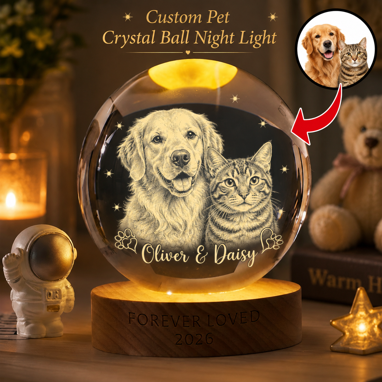 Custom Dog Crystal Ball Light, Personalized Pet Photo Lamp, Dog Memorial Sympathy Gift THUC99
