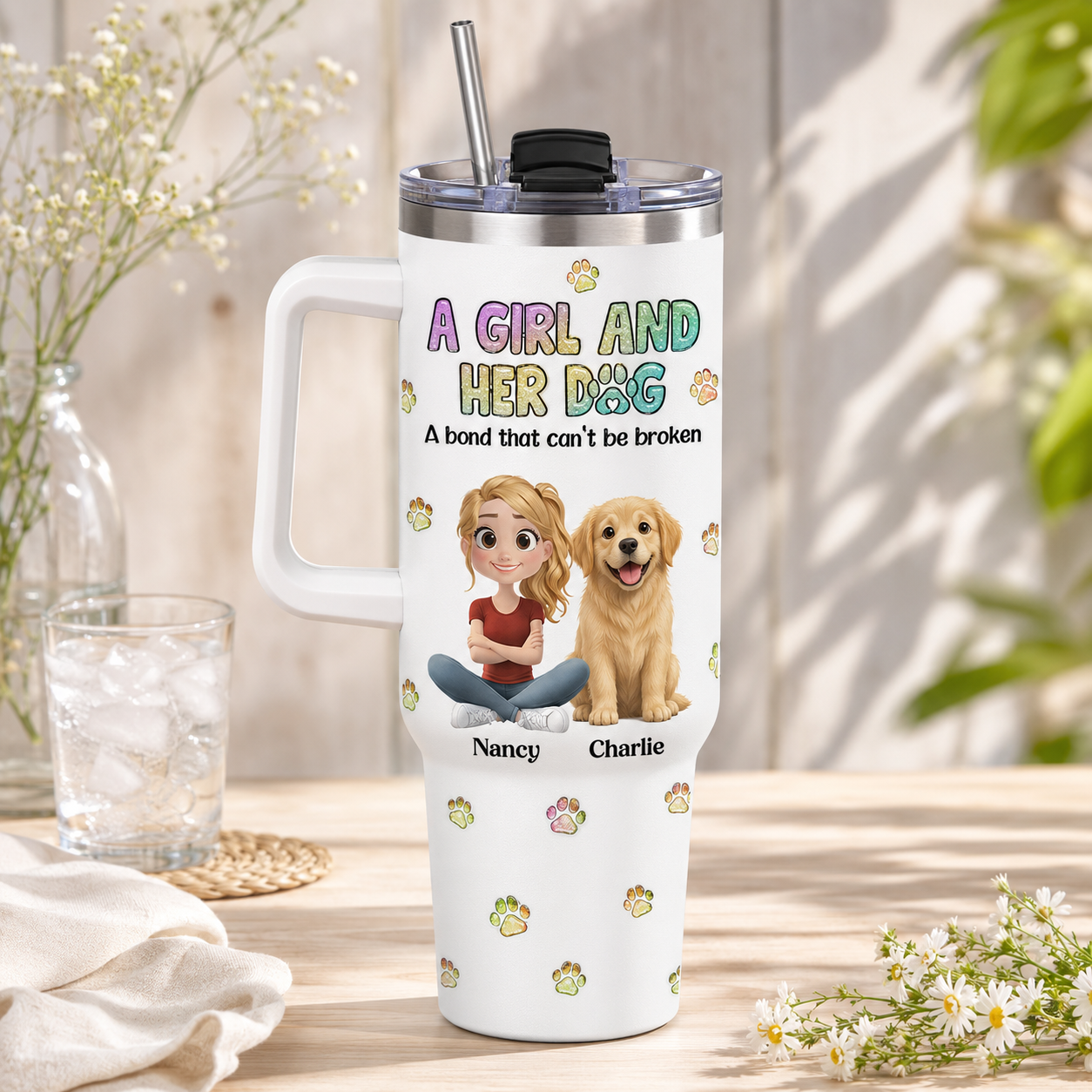Custom Dog Face 40oz Tumbler – Personalized Stainless Steel Cup for Dog Mom and Dog Dad THUC99