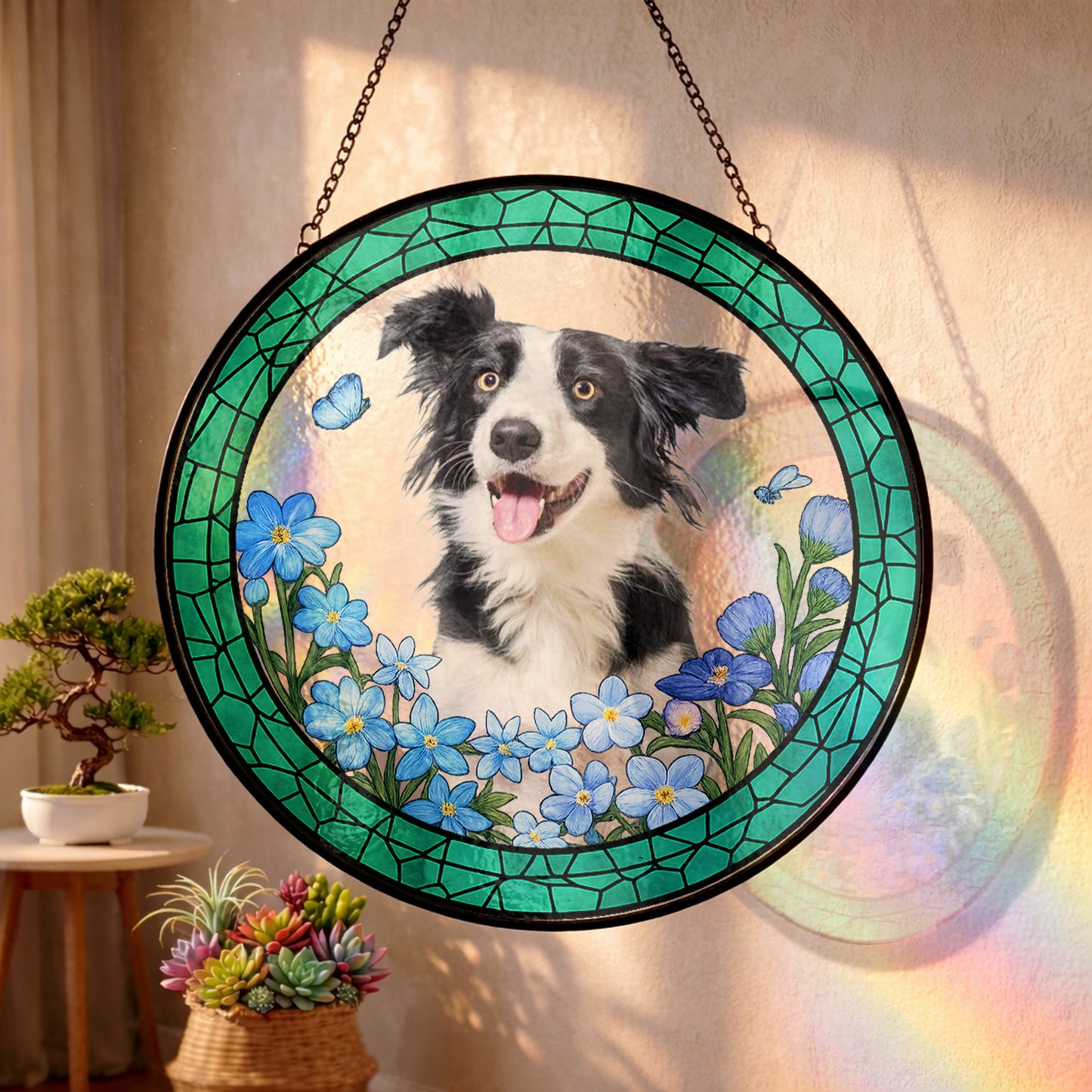 Custom Pet Photo Stained Glass Suncatcher – Personalized Dog Portrait Window Hanging (THUC99)
