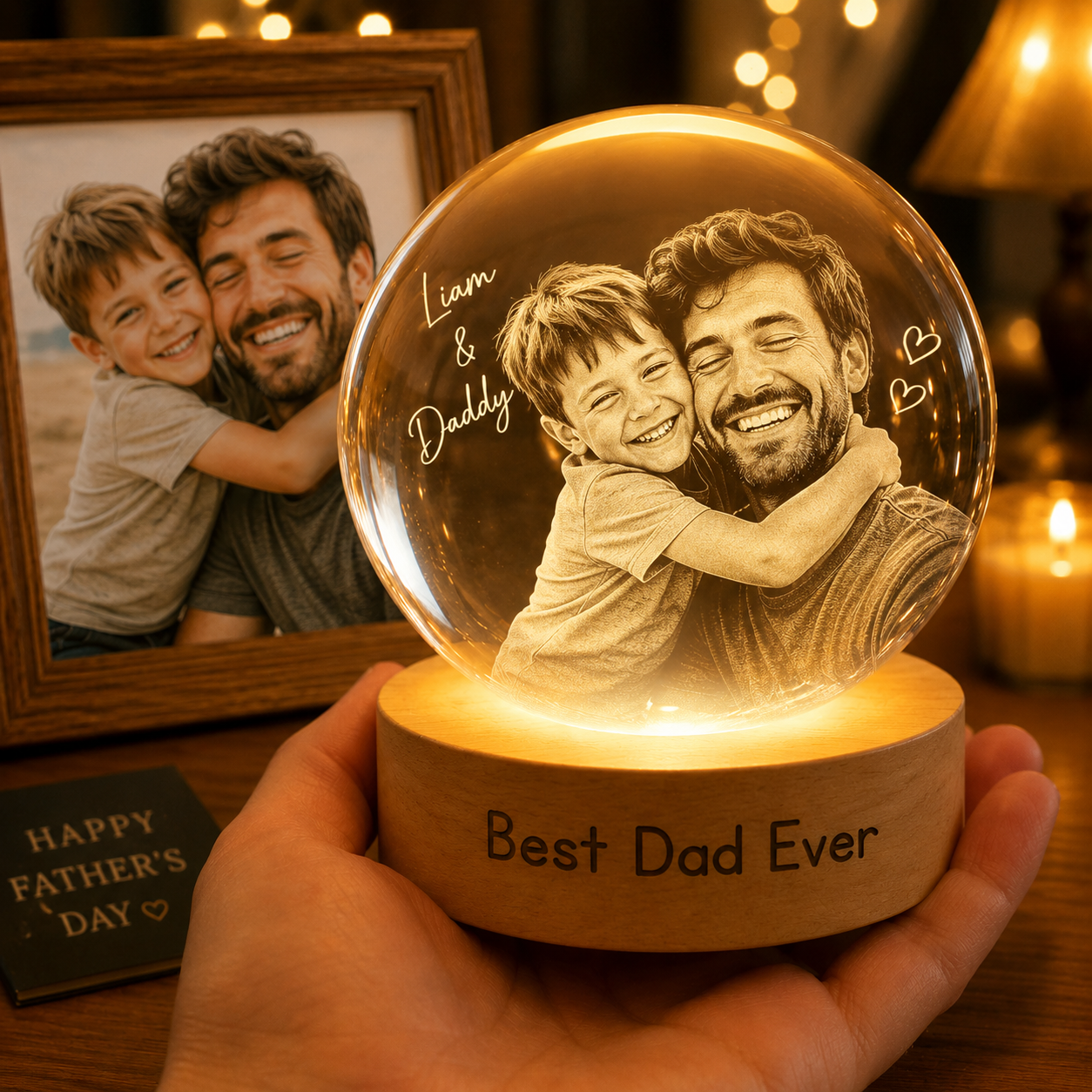 Custom Photo Best Dad Ever Crystal Ball Night Light, Personalized Gift For Dad THUC99