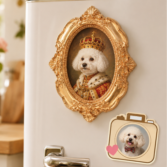 Custom Dog Vintage Photo Frame Magnet, Personalized Pet Portrait Fridge Magnet, Gold Frame Dog Artwork Magnet THUC99