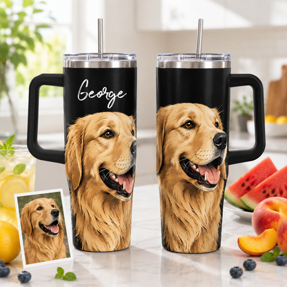 Custom Pet Picture 40oz Tumbler – Personalized Dog Lover Cup with Handle and Straw THUC99