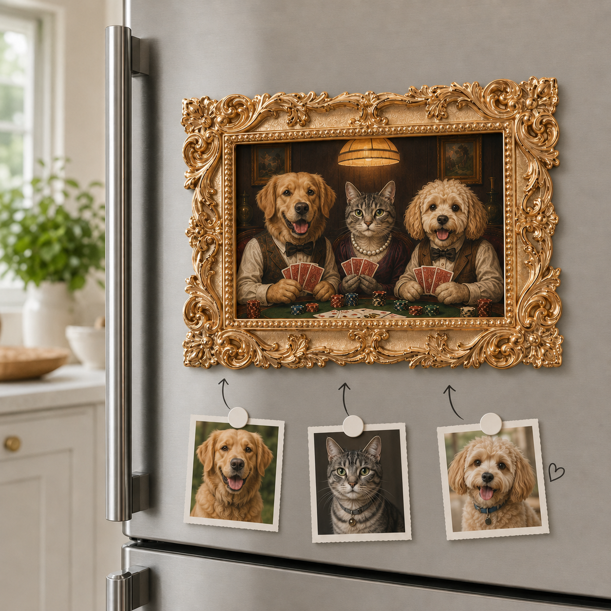 Custom Dog Vintage Photo Frame Magnet, Personalized Pet Portrait Fridge Magnet, Gold Frame Dog Artwork Magnet THUC99