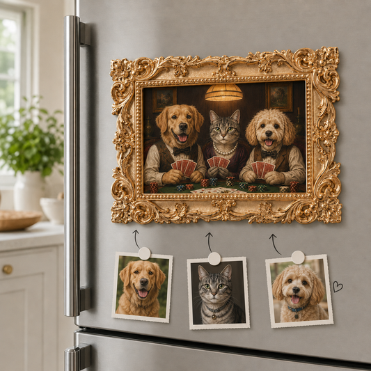 Custom Dog Vintage Photo Frame Magnet, Personalized Pet Portrait Fridge Magnet, Gold Frame Dog Artwork Magnet THUC99