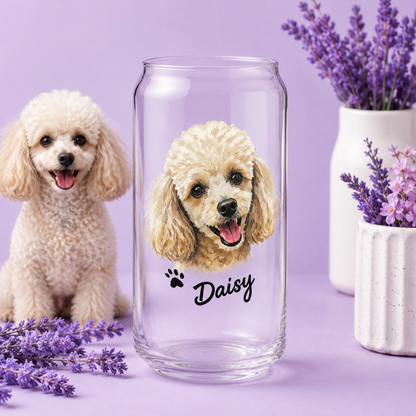 Custom Puppy Portrait Glass Cup 16oz – Personalized Tumbler with Bamboo Lid THUC99
