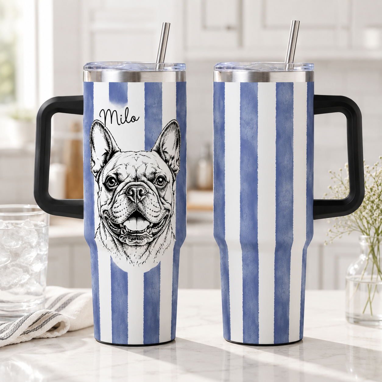 Personalized Pet Photo Tumbler 40oz – Custom Dog Picture Cup with Handle, Straw and Lid THUC99
