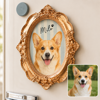 Custom Dog Photo Frame Magnet, Personalized Pet PortraitGold Frame Dog Artwork Magnet THUC99