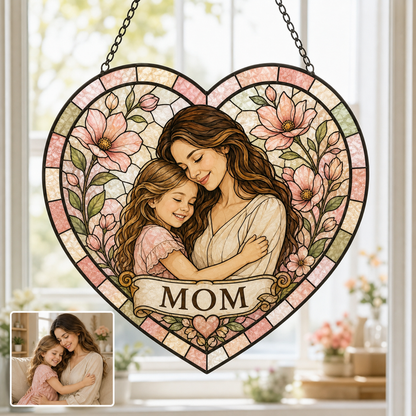 Personalized Grandma Photo Stained Glass Suncatcher, Custom Nana Gift Window Hanging Keepsake Decor THUC99