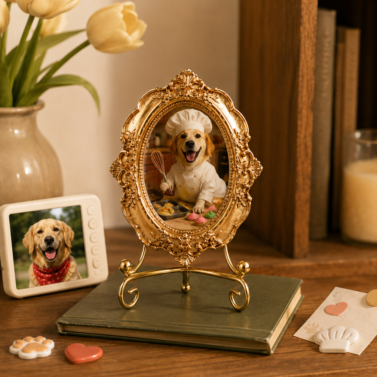 Custom Dog Photo Gold  Frame Magnet, Optional Stand Decor Gift THUC99