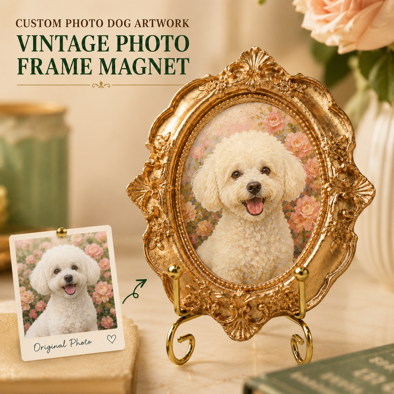 Custom Dog Vintage Frame Magnet, Custom Dog Photo Fridge Magnet, Gift For Dog Mom Dad THUC99