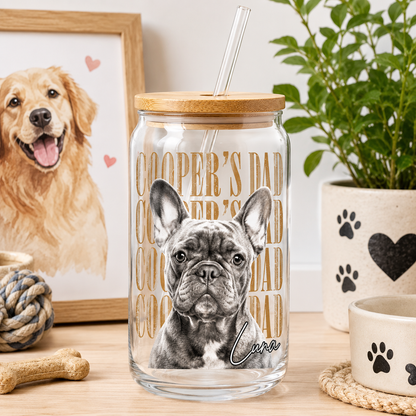 Custom Dog Picture Glass Cup – 16oz Sipper Tumbler with Bamboo Lid and Straw THUC99