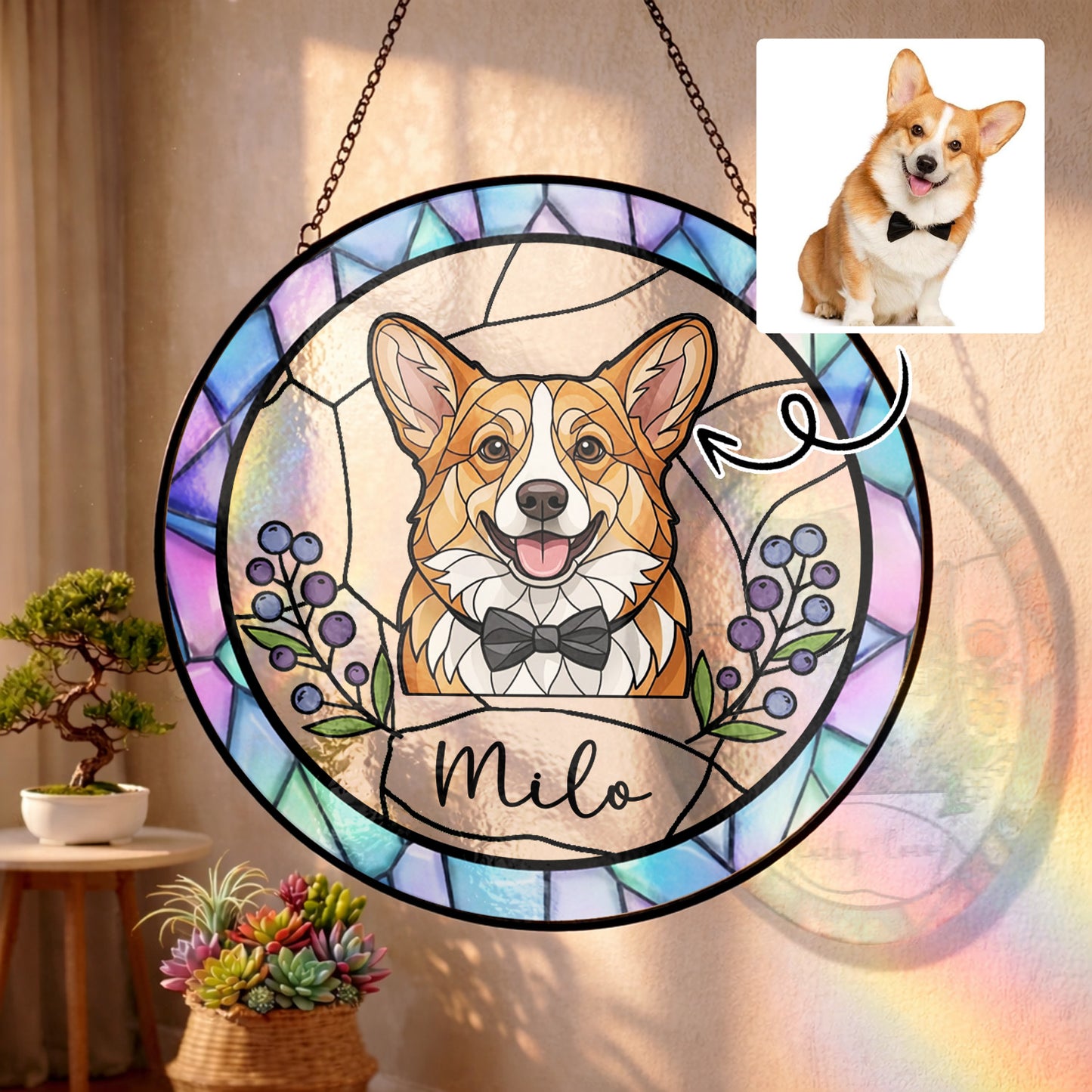 Personalized Dog Suncatcher – Custom Pet Portrait Stained Glass Window Hanging Gift (THUC99)