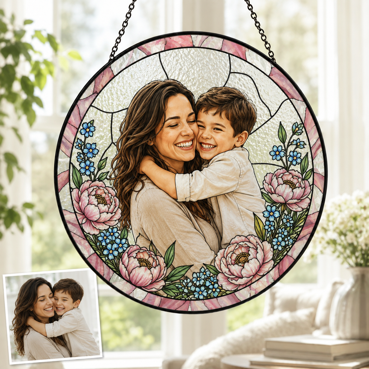 Custom Family Portrait Stained Glass Suncatcher, Personalized Photo Window Hanging Gift for Mom THUC99