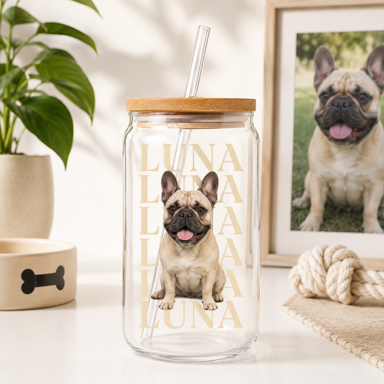 Custom Dog Mom Glass Tumbler – Personalized 16oz Cup with Lid & Straw THUC99